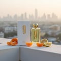 Afnan 9 AM by Afnan 100 ml EDP Unisex — White box and bottle with citrus fruits on a ledge, city skyline background