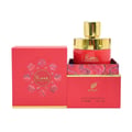 Afnan Rare Passion by Afnan 100ml EDP Woman — Kotak merah terang dengan corak berukir dan botol wangian merah dengan penutup emas, dipaparkan di atas kotak paparan merah.