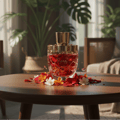 Afnan Rare Passion by Afnan 100ml EDP Woman — Botol kaca berukir dengan penutup emas, berisi cecair merah pekat, diletakkan di atas meja kayu dikelilingi kelopak bunga merah dan putih serta bunga oren kecil.