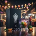 Afnan Turathi Blue by Afnan 90ml EDP for Man — Kotak hitam elegan bersebelahan botol kaca ungu berisi buah limau dan oren, dengan lampu perayaan di latar belakang.