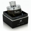 Afnan Rare Carbon by Afnan Perfumes – Dark glass bottle with silver cap, tilted in a black marble-patterned box.