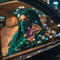 Afnan 9 PM - Pour Femme Afnan Perfumes 100 ml Women - Wanita bertudung hijau memegang botol minyak wangi ungu di dalam kereta mewah dengan lampu bandar di latar belakang.