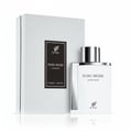 Afnan Pure Musk by Afnan 100ml EDP Unisex — White perfume bottle and matching box with embossed pattern, isolated on white.