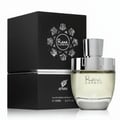 Afnan Rare Carbon — Black textured box with embossed circular design next to a clear glass perfume bottle with silver cap