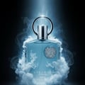 Afnan Supremacy In Heaven — Blue glass perfume bottle surrounded by swirling white smoke against a dark background.