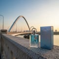 Afnan Supremacy In Heaven — Perfume bottle and box on a stone ledge with a bridge and sunset sky