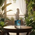 Afnan Supremacy Incense — Blue glass perfume bottle on a round wooden table, surrounded by lush green plants, with a blurred