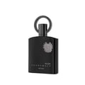 Afnan Supremacy Noir by Afnan 100ml EDP Men — Botol minyak wangi hitam legam dengan penutup bulat kelabu gelap dan lencana bulat kelabu di tengah.