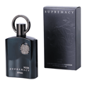 Afnan Supremacy Noir by Afnan 100ml EDP Men — Botol minyak wangi hitam berkilat dengan penutup cincin logam gelap dan lencana perak, berdiri di sebelah kotak hitam bertekstur dengan reka bentuk daun dan tulisan emas.