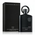 Afnan Supremacy Noir by Afnan 100ml EDP Men — Set wangian lelaki Afnan Supremacy Noir, termasuk botol hitam legap dan kotak hitam bertekstur dengan logo timbul, latar belakang putih bersih.