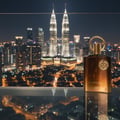 Afnan Supremacy In Oud by Afnan Perfumes – Gold-capped brown bottle on reflective surface with Kuala Lumpur skyline at night