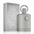 Afnan Supremacy Silver by Afnan 100ml EDP Men — Kotak wangian perak bertekstur dengan corak berdaun dan bunga, bersama botol wangian perak berkilat dengan penutup bulat perak dan lencana berkerawang di hadapan