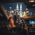 Afnan Supremacy Silver by Afnan 100ml EDP Men — Tangan memegang botol wangian perak berkilat di dalam kereta pada waktu malam, dengan latar belakang bandar berkilauan dan bangunan berkembar yang ikonik.