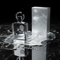 Afnan Supremacy Silver by Afnan 100ml EDP Men — Botol wangian kaca jernih berkilat dengan penutup bulat perak, diletakkan di atas tumpahan cecair perak berkilat di atas permukaan marmar hitam, bersama kotak perak bertekstur.