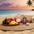 Afnan 9 PM - Pour Femme Afnan Perfumes 100 ml Women — Botol wangian ungu di pantai bersama buah-buahan tropika, beg anyaman, dan cengkerang