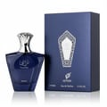 Afnan Turathi Blue by Afnan 90ml EDP for Man — Botol kaca biru gelap berkilau dengan penutup perak berkilat, diletakkan di sebelah kotak biru gelap berhias corak geometri perak.