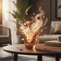 Afnan Turathi Brown — A glass perfume bottle exploding with smoke, rose petals, and crystal shards on a wooden table.