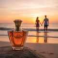 Afnan Turathi Brown — Amber perfume bottle on rock with couple holding hands at sunset beach