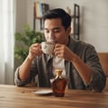 Afnan Turathi Brown by Afnan Perfumes – 100 ml for Men — Man drinks from a patterned cup with steam rising, a perfume bottle