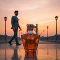 Afnan Turathi Brown by Afnan Perfumes – A man in a suit walks on a bridge at sunset, with a perfume bottle in the foreground.