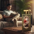 Al Wataniah Oud Mystery Intense — A man reads a book on a couch while a perfume bottle with saffron and lavender sits on a