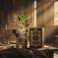 Al Wataniah Oud Mystery Intense — A shattered black perfume bottle explodes with green leaves and sparkling particles
