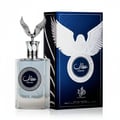 Al Wataniah Eqaab Elite 100 ml — Clear glass perfume bottle with silver eagle topper, next to a blue box with a white eagle