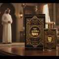 Al Wataniah Oud Mystery Intense — A perfume bottle and box with ornate gold patterns on a wooden table, man in white thobe