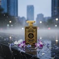 Al Wataniah Oud Mystery Intense — Black and gold perfume bottle on wet marble with scattered purple and white orchid petals