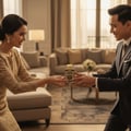 Al Wataniah Oud Mystery Intense — Man in suit gives ornate gold perfume bottle to woman in gold dress