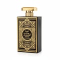 Al Wataniah Oud Mystery Intense — Black perfume bottle with ornate gold detailing and a gold cap, isolated on a white