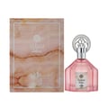 Al Wataniah Selena — Pink fluted glass perfume bottle with ornate silver cap next to its marble-patterned box.