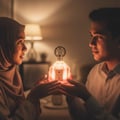 Al Wataniah Selena — Couple holding glowing perfume bottle between them, warm lighting