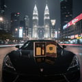 Ard Al Zaafaran Ahlam Al Arab EDP 80 ml Ard Al Zaafaran — Perfume set on a black sports car hood, with Petronas Towers at