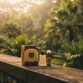 Ard Al Zaafaran Ahlam Al Arab EDP — Perfume box, bottle, and spray can on mossy stone wall with lush green trees background.