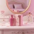 Ard Al Zaafaran Ahubbak Love In Paris EDP 100ml Zaafaran — Pink perfume bottle and box on a vanity with makeup brushes, rose