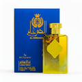 Ard Al Zaafaran Al Dirgham EDP 100ml Men — Blue box with gold lion crest and Arabic script next to a gold gradient glass