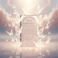 Ard Al Zaafaran Bab Al Wardi — Pink ornate box with Arabic script surrounded by glowing butterflies and bokeh lights.