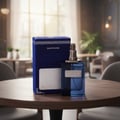 Ard Al Zaafaran Desert Sultan Sapphire — Blue perfume bottle and box on a wooden table in a restaurant setting