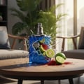 Ard Al Zaafaran Desert Sultan Sapphire — Blue bottle with cracked glass, lime slices, and saffron threads splashing on a