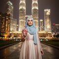 Ard Al Zaafaran Oud Abyad — Woman in hijab holding perfume bottle with city skyline at night