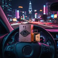 Ard Al Zaafaran Oud 24 Hours Majestic 100ml EDP Man — Perfume box and bottle on a car steering wheel at night with city