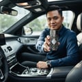 Ard Al Zaafaran Jazzab Silver – Man in car holding silver patterned fragrance bottle towards camera