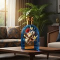 Ard Al Zaafaran Satwa — Blue glass perfume bottle with saffron, vanilla, and wood elements inside, on a wooden table.