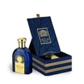Ard Al Zaafaran Satwa EDP Unisex — Blue glass bottle with gold cap next to an open navy blue gift box with gold trim and