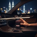 Ard Al Zaafaran Zahoor Francee — Hand holding perfume bottle inside a luxury car at night with city skyline background