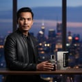 Armaf Hunter Intense — Man in leather jacket holding bottle, city skyline at dusk background