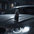 Armaf Hunter Intense — A perfume bottle sits on a wet car hood at night with rain falling.