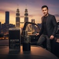 Armaf Hunter Intense — Man in suit by car with city skyline and perfume bottle and box