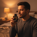 Armaf Club De Nuit Urban Elixir — Man smelling fragrance bottle in a bedroom setting with a lamp and books